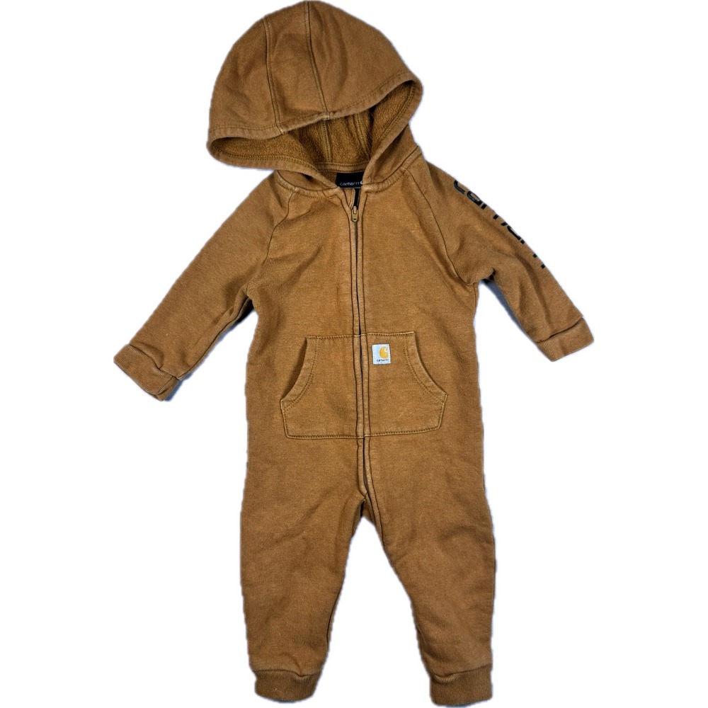 Carhartt Fleece Hooded Jumpsuit Kids 9M Brown Long Sleeve Logo Pockets Zip Up